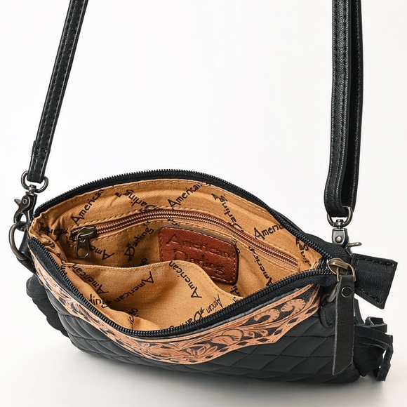 American Darling Black Quilted Leather Fringe Crossbody with Tooled Floral Top - Picture 4 of 7